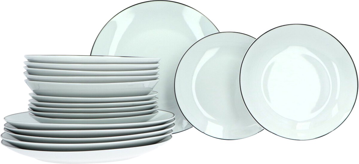 Luzzo® Serviesset Porselein 6-persoons met Zwarte rand - 18 delig