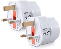 BSTNL 2x Reisstekker type G - Ideaal voor reizen in Engeland, Ierland, Schotland, Malta, Dubai, Singapore, Hong Kong en Maleisië - Fireproof - Vakantiestekker in wit