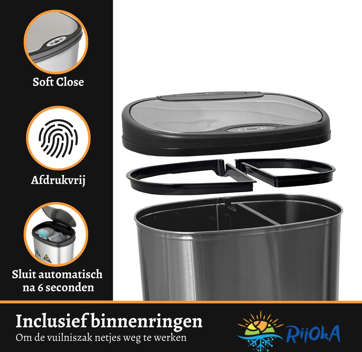 Rijoka Prullenbak Met Sensor Dubbel – 50 Liter – 1×20 En 1 20 En 1 30 Liter Rvs Soft Close Vingerafdrukvrij Modern Design Zwart