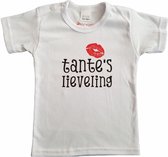 Wit baby t-shirt met "Tante's lieveling" - maat 80 - babyshower, zwanger, cadeautje, kraamcadeau, grappig, geschenk, baby, tekst, bodieke