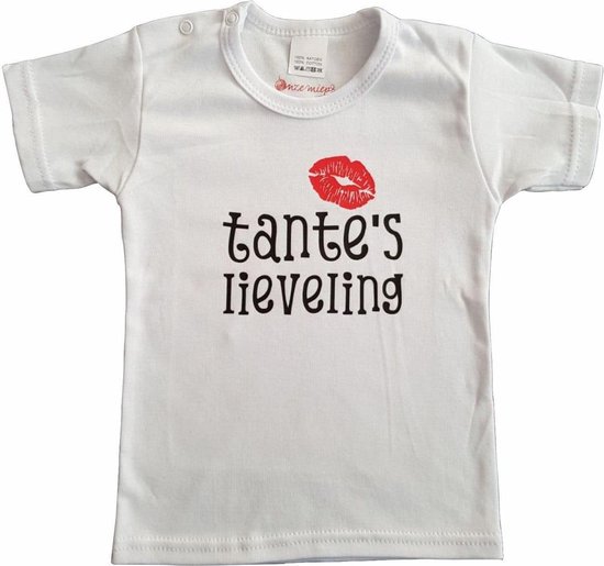 Wit baby t-shirt met "Tante's lieveling" - maat 80 - babyshower, zwanger, cadeautje, kraamcadeau, grappig, geschenk, baby, tekst, bodieke