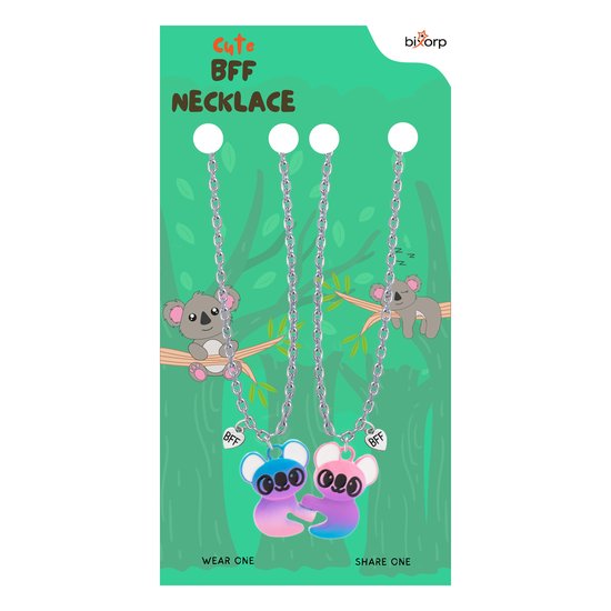 Bixorp Friends Vriendschapsketting voor 2 met Koala & BFF Hangers - Magnetische Hanger - Cadeau voor Beste Vrienden - Zilver & Paars - 45+5cm