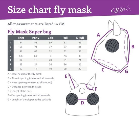Maattabel voor het QHP Vliegenmasker Super Bug, met afmetingen in CM voor Shetl., Pony, Cob, Full en X-Full.