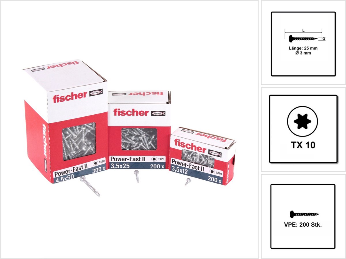Fischer 200x Power-Fast II FPF II PTF 3 x 25 mm BC Pan Head met binnenzeskant TX10 volledig schroefdraad gegalvaniseerd blauw gepassiveerd - 670059