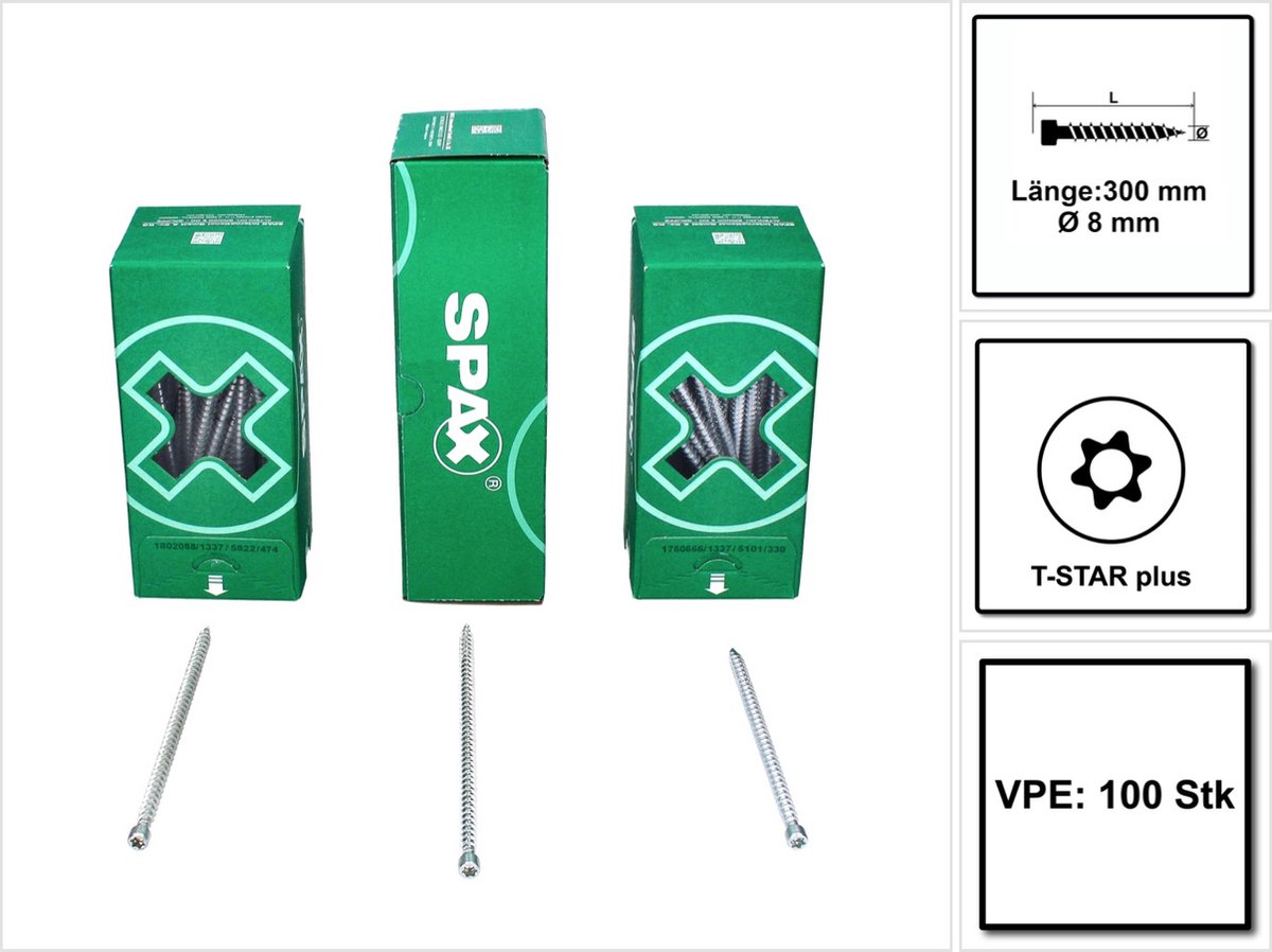 SPAX IN.FORCE-schroef 8,0 x 300 mm 100 stuks ( 2x 1221010803005 ) Torx T-STAR Plus T40 Volledig schroefdraad Cilinderkop WIROX CUT Boorpunt