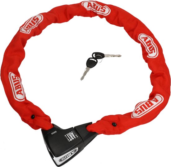 Rode ketting met witte ABUS-logo's, open met zwarte sluiting en twee sleutels.