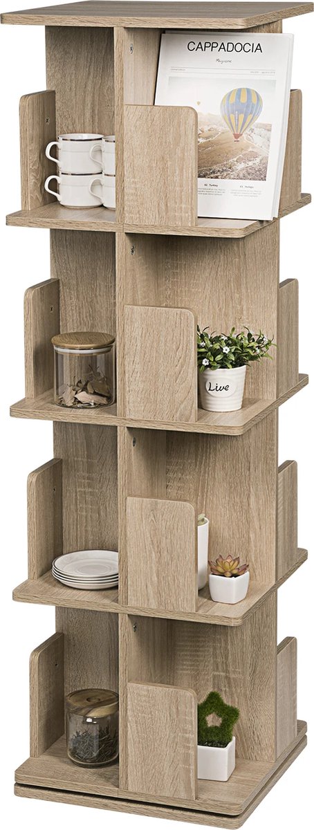 BukkitBow - 360 Graden Draaiende Boekenkast - Plank 4 Tiers - Opslag voor Woonkamer - 128CM Hoog