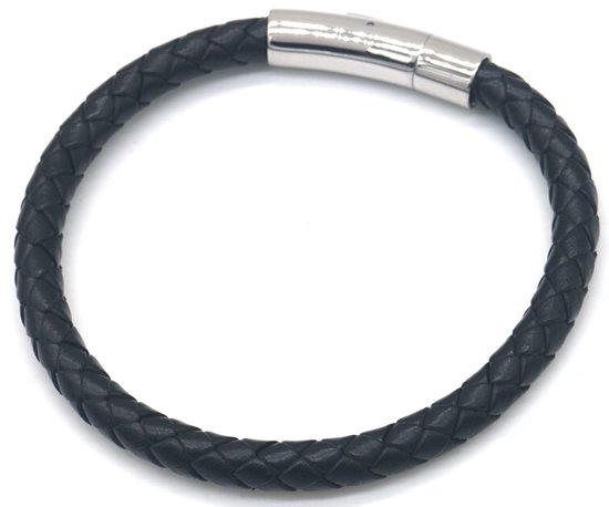 Armband Heren - Gevlochten Leer - RVS Sluiting - 21 cm - Zwart en Zilverkleurig