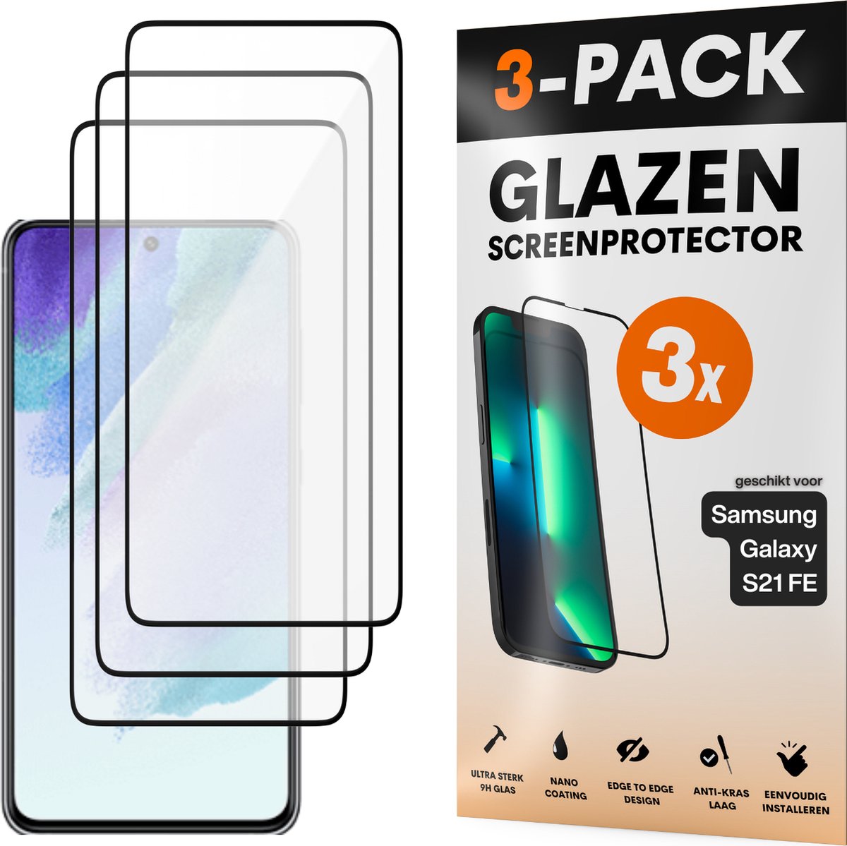 Screenprotector - Geschikt voor Samsung Galaxy S21 FE - Gehard Glas - Full Cover Tempered Glass - Case Friendly - 3 Pack