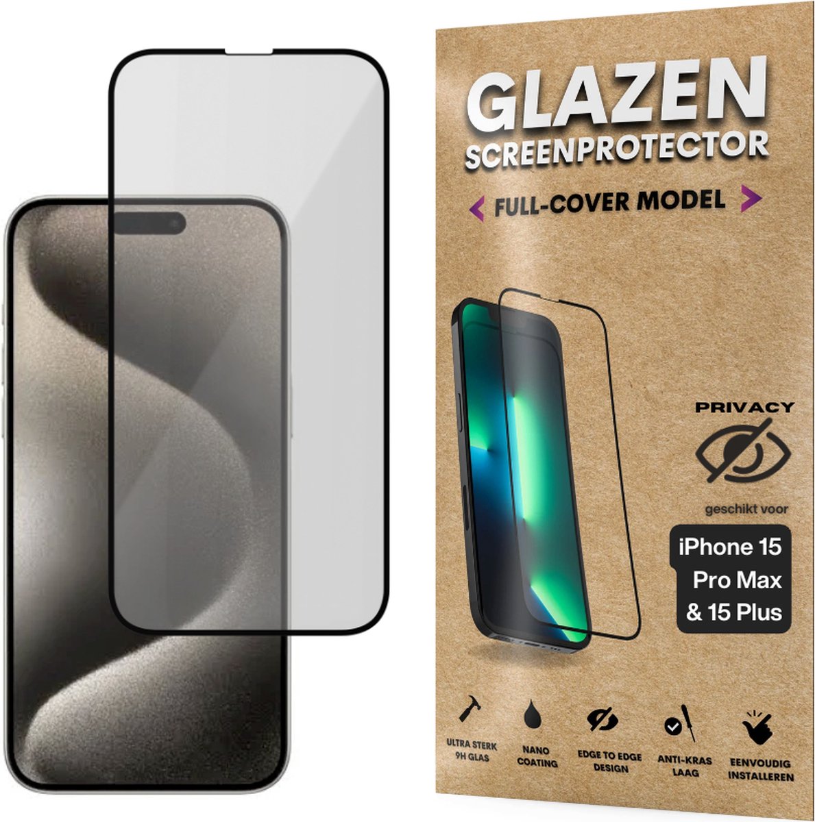 Privacy Screenprotector - Geschikt voor iPhone 15 Pro Max / 15 Plus - Gehard Glas - Full Cover Tempered Privacy Glass - Case Friendly