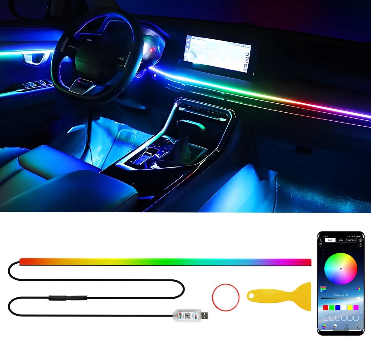 Auto Interieur LED Verlichting Set - Draadloze Bediening - Muziekgeactiveerde Modus - Eenvoudige Installatie - Kleurrijke Atmosfeerverlichting voor Alle Automodellen - Verbeter jouw Rijervaring!