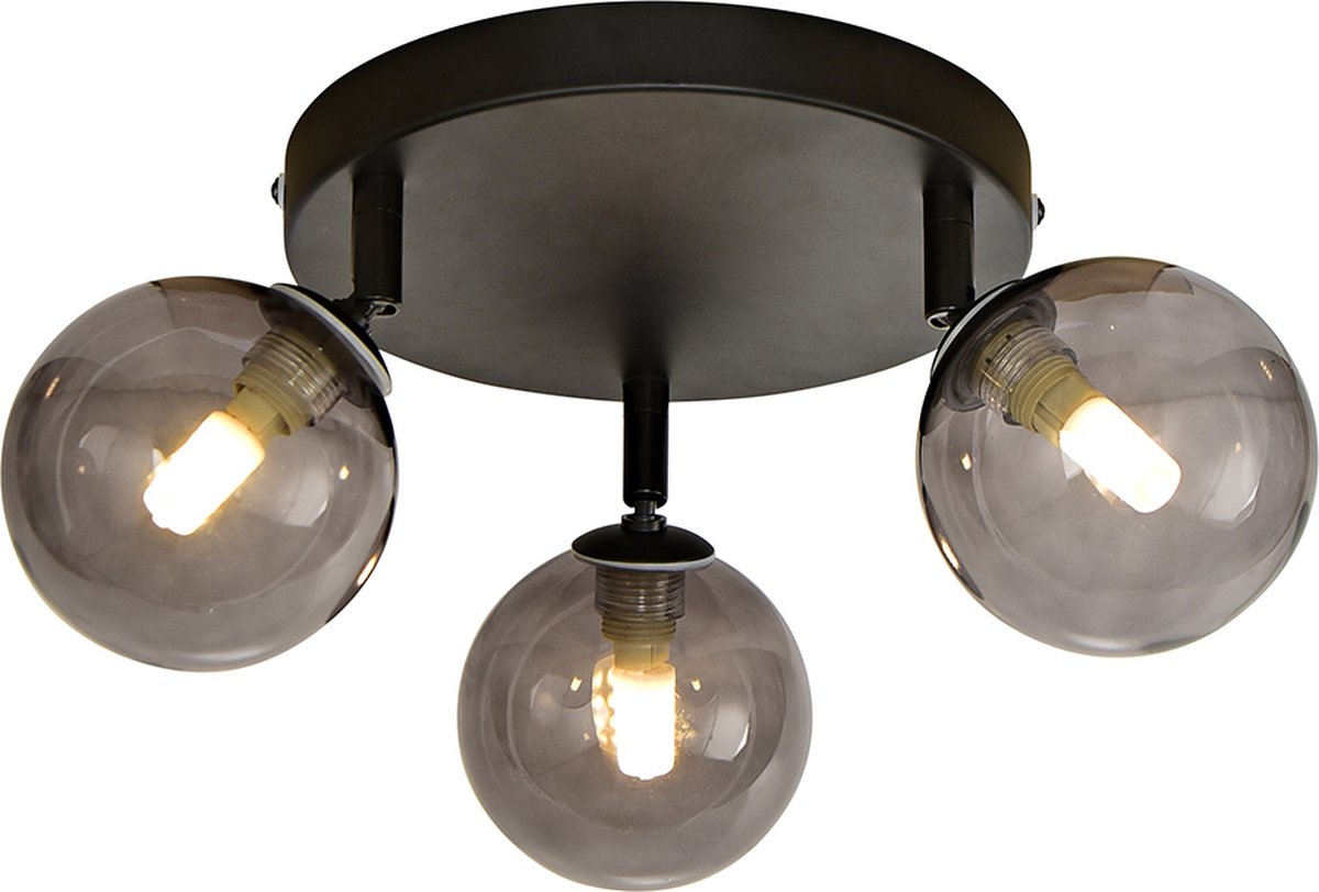 Olucia - AMER - Badkamerplafondlamp - Zwart / Grijs - Geschikt voor Badkamer - Vorm: Rond