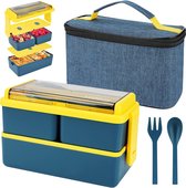 Lunchbox van 1400 ml met 3 compartimenten - 2-laags lekvrije Bento-box met geïsoleerde tas en bestek, maaltijdbereidingscontainer voor volwassenen, kinderen, studenten, kantoor, magnetronbestendig beschikbaar (blauw)