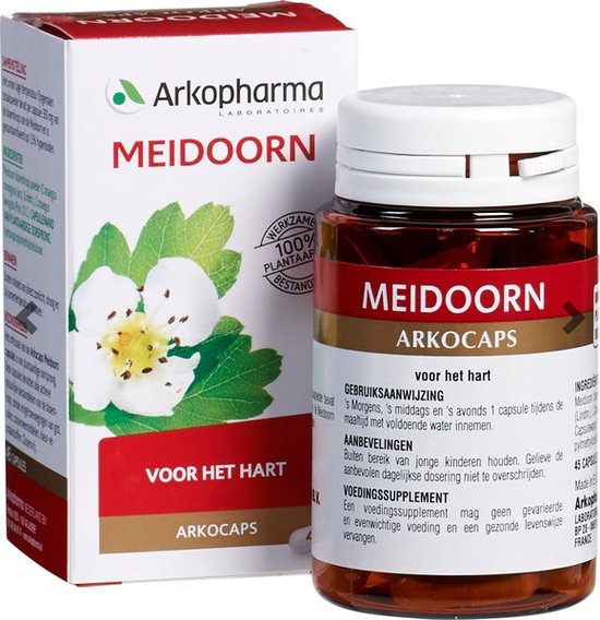 Doos en potje Arkocaps Meidoorn, met afbeelding van de bloem, 'voor het hart', 45 capsules.