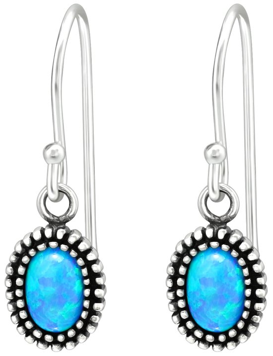 Joy|S - Zilveren ovale bedel oorbellen - oorhangers - ovaal geoxideerd - blauw opaal