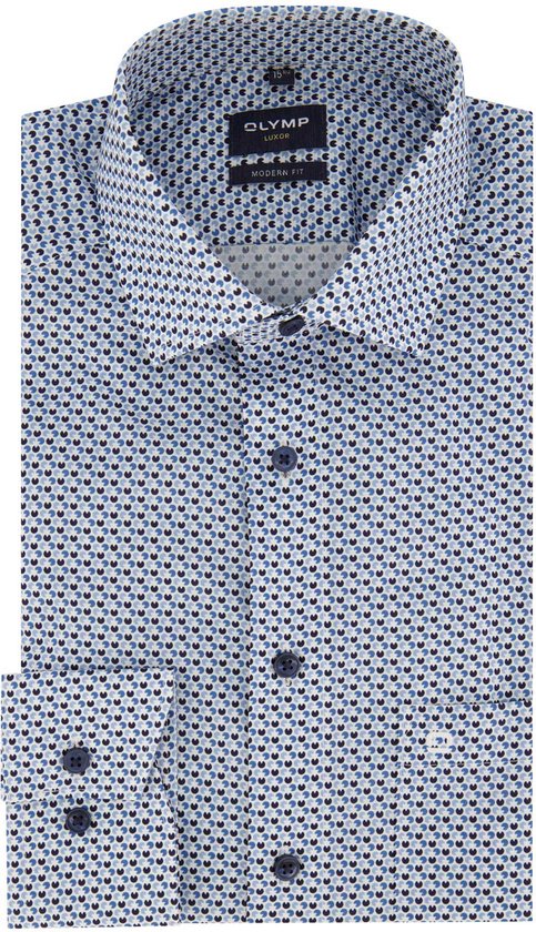 OLYMP modern fit overhemd - mouwlengte 7 - popeline - blauw met wit dessin - Strijkvrij - Boordmaat: 40