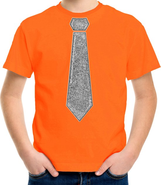 Bellatio Decorations Verkleed t-shirt voor kinderen - glitter stropdas - oranje - jongen - carnaval 140/152