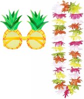 Tropische Hawaii party verkleed accessoires set - Ananas zonnebril - bloemenkrans multi kleuren - voor dames