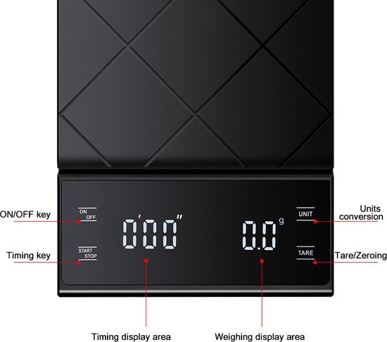 Viitech Digitale koffieweegschaal, van 0,1 g tot 3 kg, werkt op batterijen, espressoweegschaal met timer, multifunctionele weegschaal, keukenweegschaal voor thuisgebruik in de keuken en op kantoor