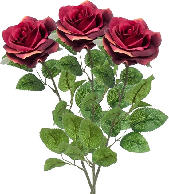 Emerald Kunstbloem roos Marleen - 3x - wijn rood - 63 cm - decoratie bloemen