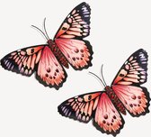 Anna's Collection Wand decoratie vlinder - 2x - roze - 34 x 21 cm - metaal - muurdecoratie