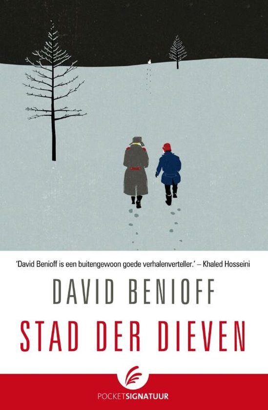 Boek "Stad der dieven" van David Benioff, met twee figuren die door een besneeuwd landschap lopen.