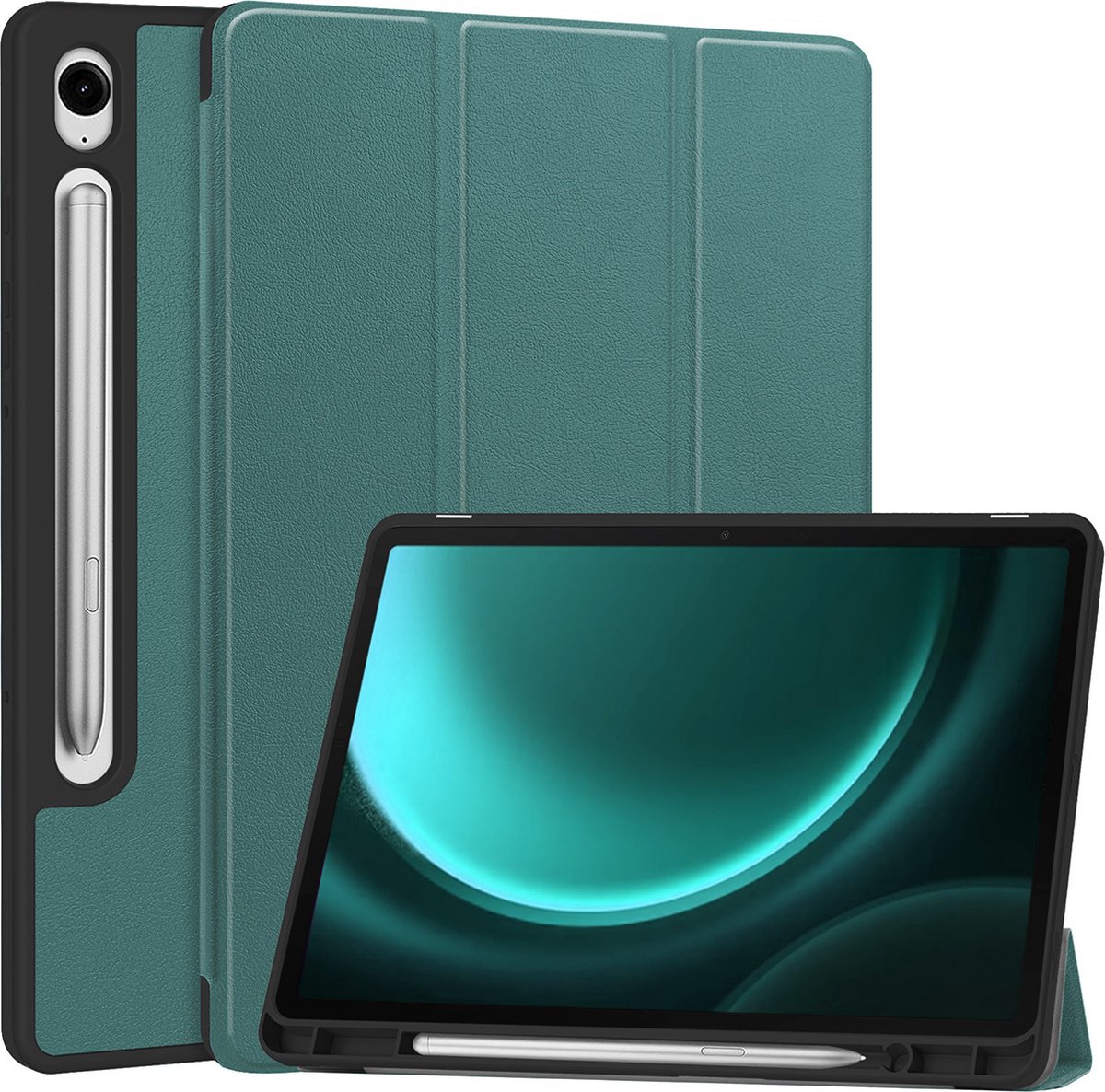 Hoesje Geschikt voor Samsung Galaxy Tab S9 FE - Dun & Stevig - Trifold Bookcase - Hard Cover Case - Met Uitsparing Geschikt voor S Pen - Hardcover Book - Tablet Hoes - Donkergroen