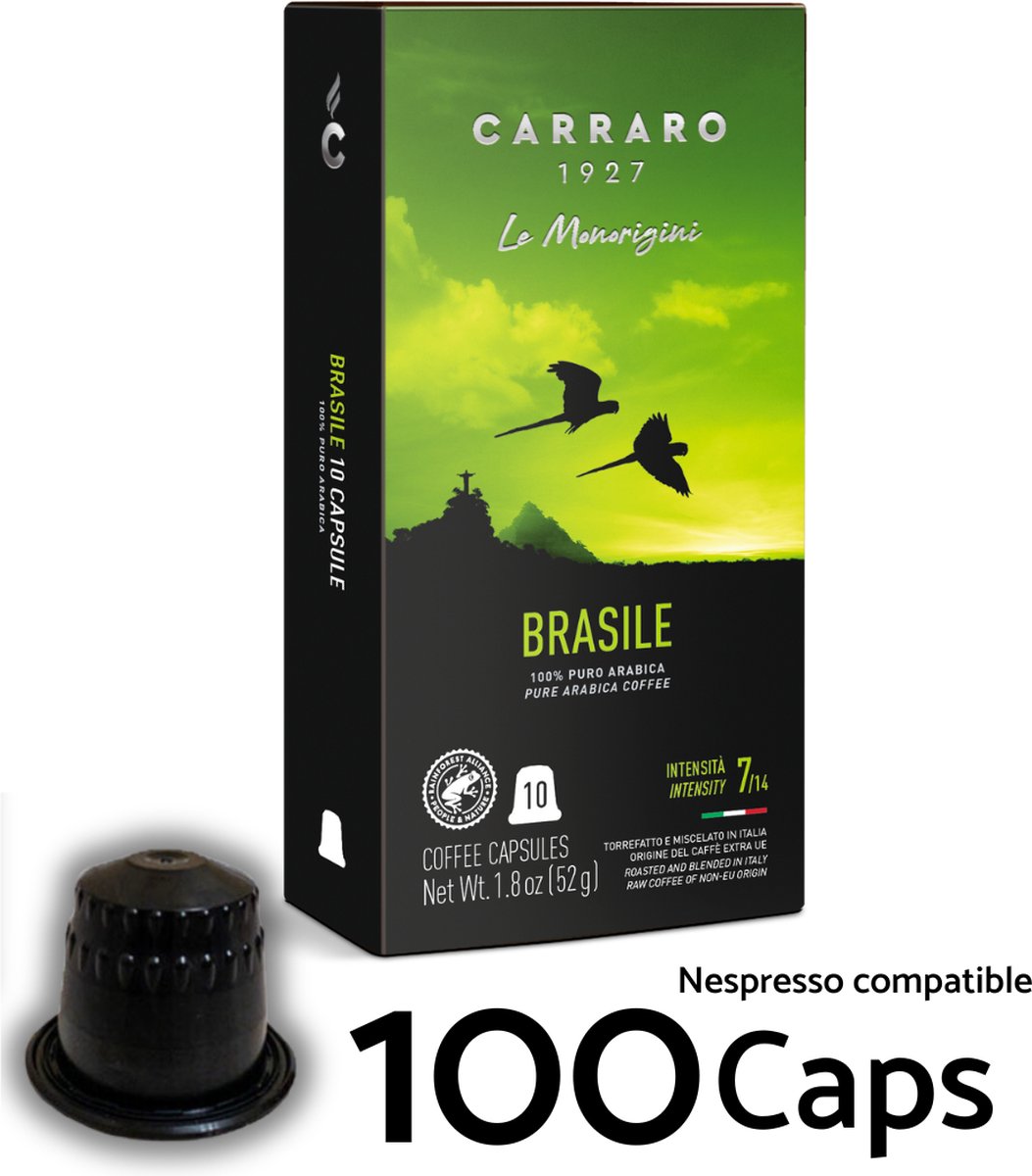 Brazilië Single Origin 100x Koffiecups (Nespresso® Compatibel) - Caffe Carraro 1927 - Koffie capsules, Espresso en Lungo - Intensiteit 7/14 - Made in Italy - Voor Nespresso Inissia, Citiz, Essenza, Pixie, Creatista ...