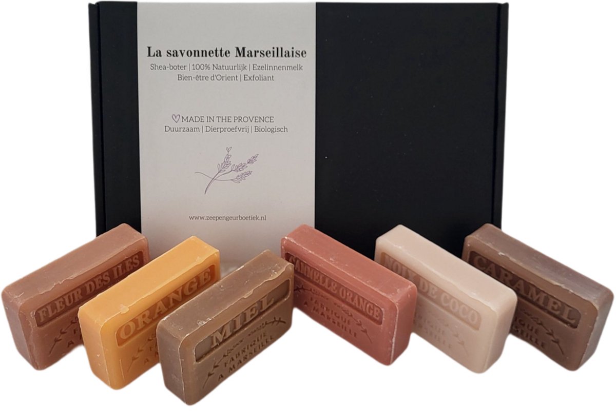 Marseille zeep cadeauset: Caramel, Miel, Noix de Coco, Cannelle Orange, Fleur des iles, Orange