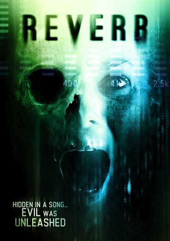 Poster van de film 'Reverb' met een gezicht met een enge, spookachtige uitdrukking in groen en blauw.