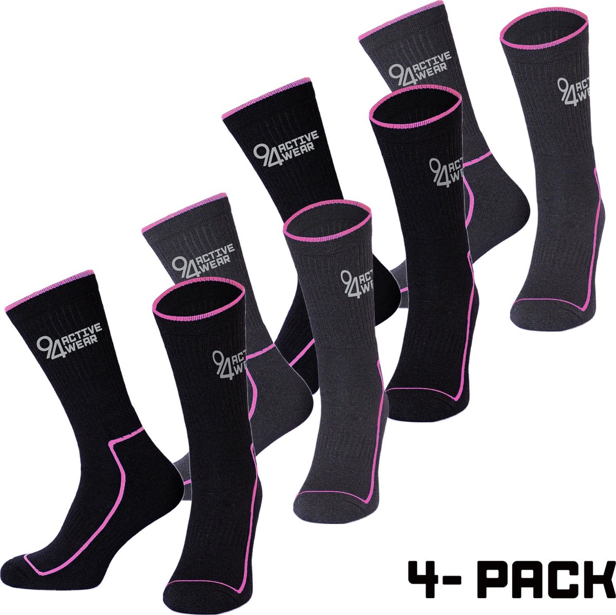 94activewear Merino Wol Sokken Dames 4 paar - Maat 35-38 - 40% Merino Wol - Thermosokken - Warme sokken - Zwart/Roze