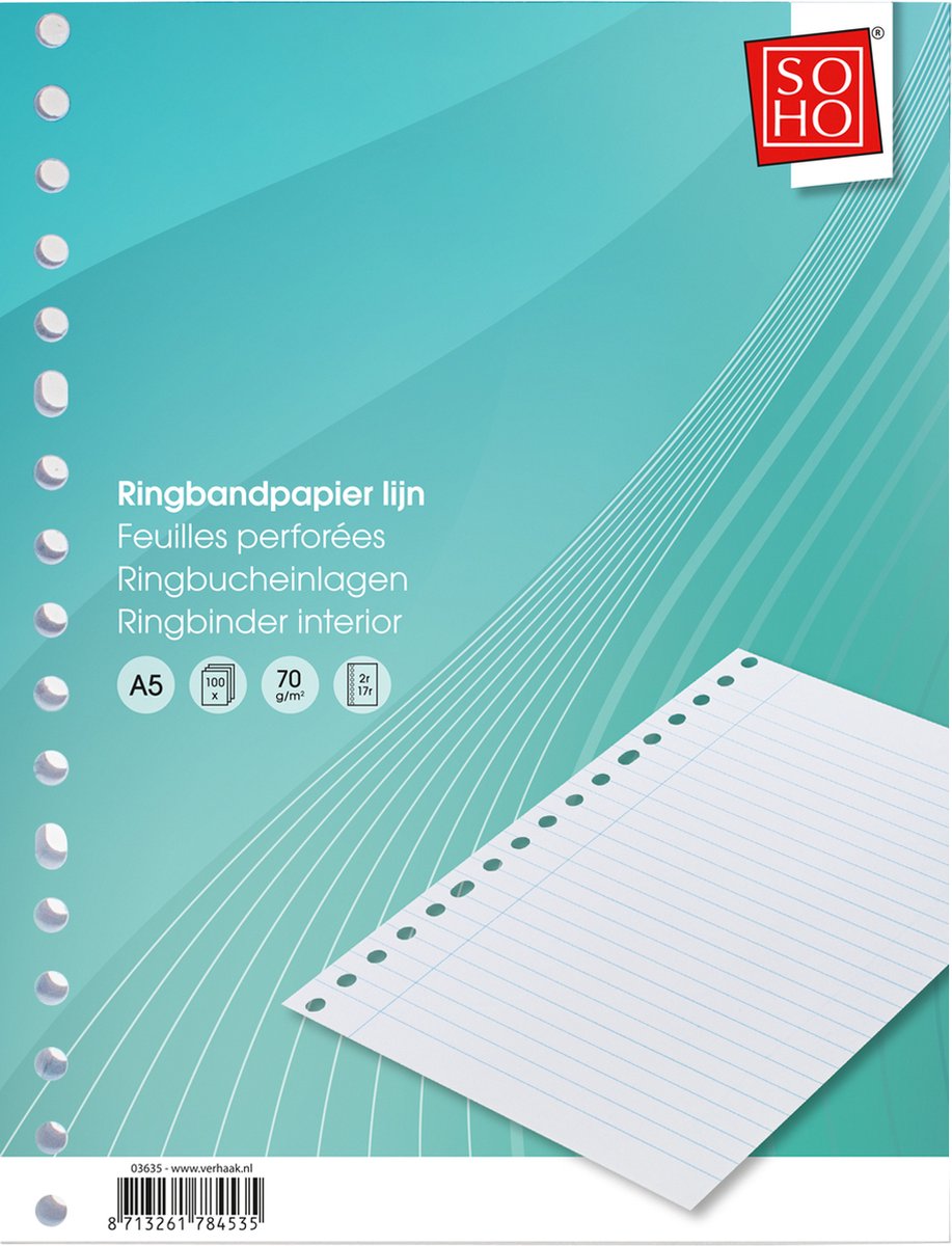 SOHO Ringbandpapier 17 –rings lijn Blanco – Ringbandpapier A5 – Gelinieerd – 100 vellen – 70 gram
