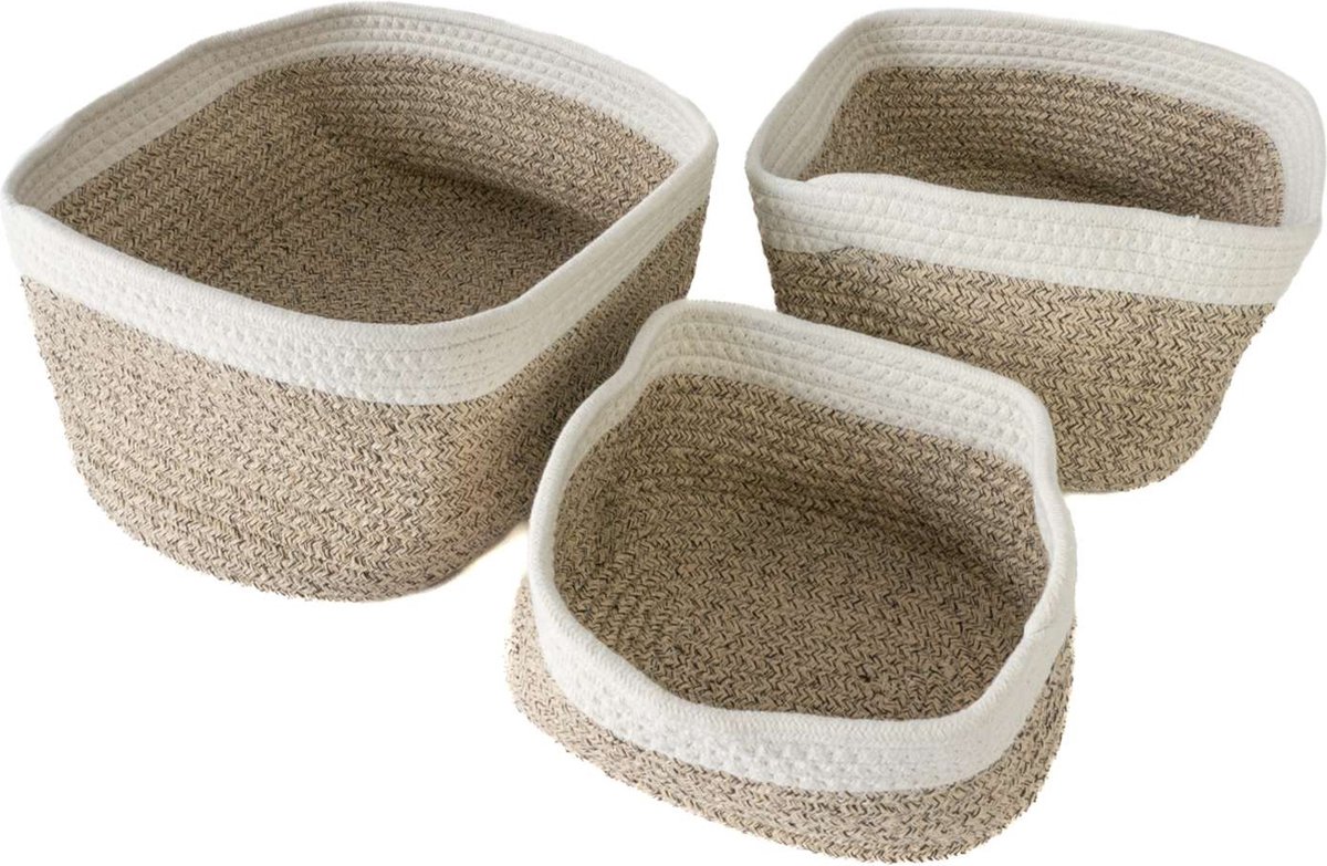 Intirilife Set van 3 opbergmanden van katoen, in Wit-Beige - 22.5 x 16 x 11.5 / 27 x 20 x 13.5 / 33.5 x 22.5 x 14 cm - Plankmand, organizer voor badkamer, woon- en slaapkamer, decoratief