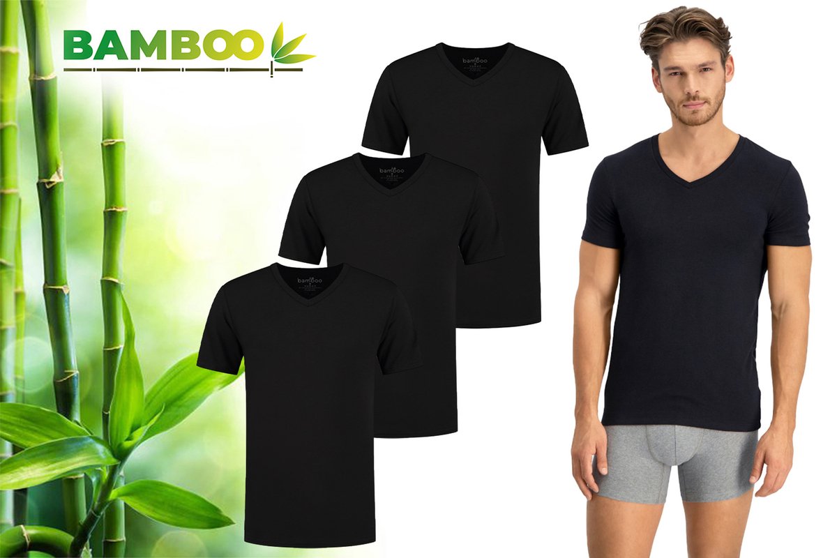 Bamboo Essentials - T-Shirt Heren - V Hals - 3 Pack - Zwart - XL - Bamboe Ondershirt Heren - Extra Lang - V-Neck - Anti Zweet T-shirt Heren
