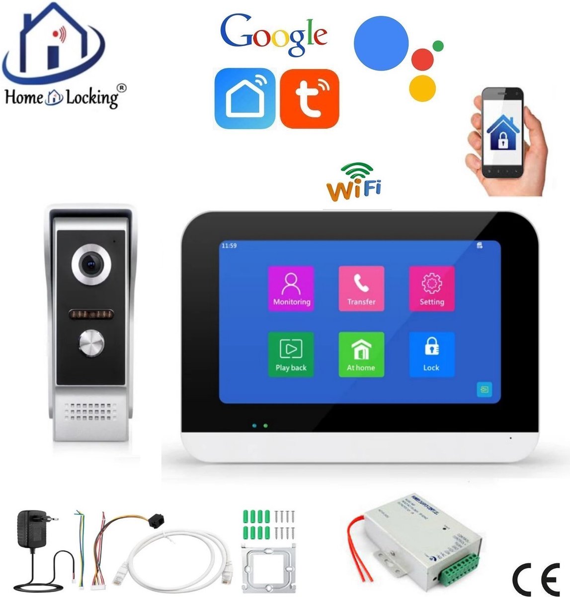 Smart WIFI deur intercom 1 touchscreen met voeding voor elektrisch slot en kan samenwerken met spraakgestuurde apps. T-2301V