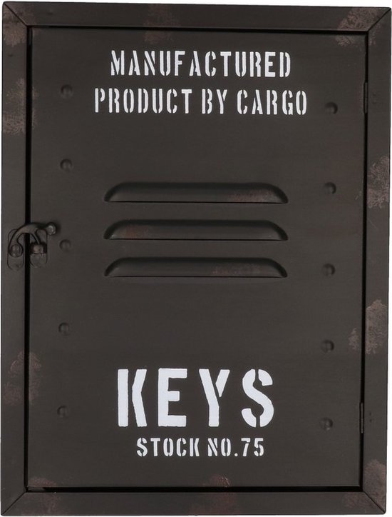 Gesloten zwart metalen sleutelkastje met de tekst 'MANUFACTURED PRODUCT BY CARGO KEYS STOCK NO.75'.