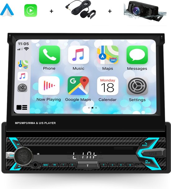 Autoradio Boscer® 1Din, Apple Carplay et Android Auto, Écran pliant  automatique HD