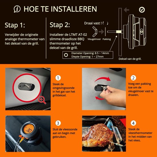 LTMT® - BBQ Thermometer - Vleesthermometer – Oventhermometer - Vleesthermometer Draadloos - Bluetooth - App - Gedeeltelijk Draadloos - Professionele Thermometer - Incl. Twee Sondes - LTMT