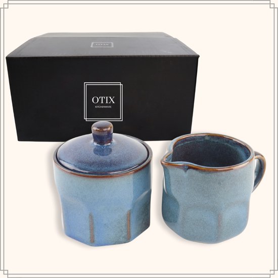 OTIX Melk en Suiker Set - Roomstel - Melkkan en Suikerpot met Deksel - Blauw - Aardewerk - Bluett - OTIX