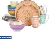 CasaVibe Luxe Serviesset – 16 delig – 4 persoons – Porselein - Bordenset – Dinner platen – Dessertborden - Kommen - Mokken - Set - Multi Color - Tulp