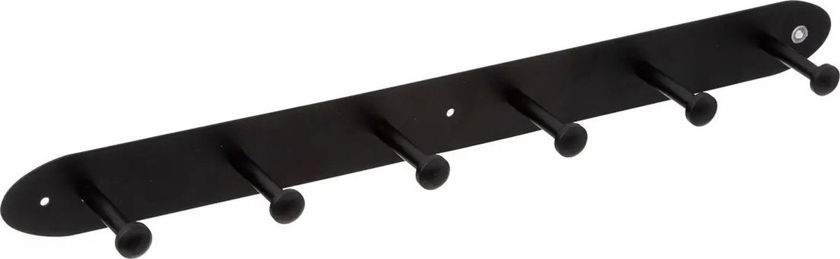 5Five® 5Five Kapstok rek voor wand/muur - zwart - 6x ophanghaken/knoppen - metaal - B55 x H5 cm