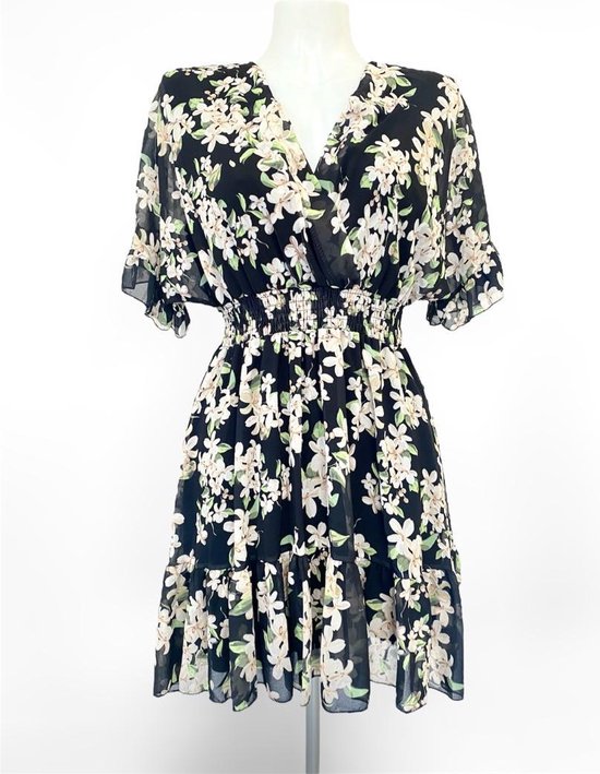 Floral ruffle jurkje - Zwart/wit/groen - Bloemenprint jurk - Veel stretch - Elastische tailleband - Korte mouwen - Overslag v-hals - One-size - Een maat