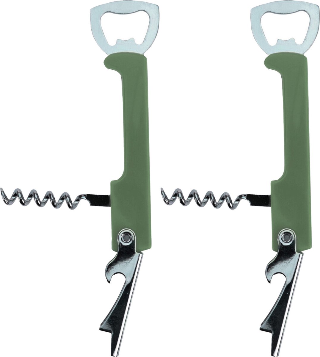 Excellent Houseware flesopener/kurkentrekker - 2x - kelnersmes - khaki groen - 12 cm