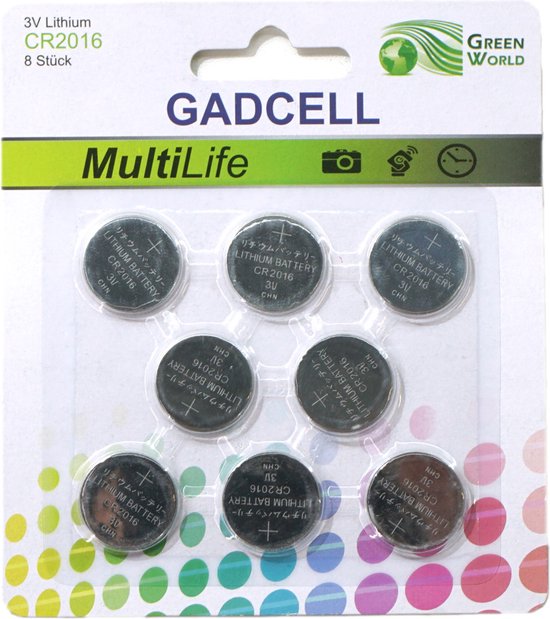Gadcell knoopcel batterijen set - type CR2016 - 8x stuks - 3V Lithium