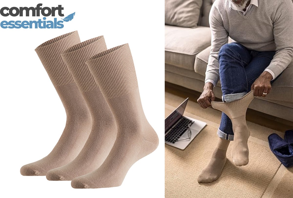 Comfort Essentials - Diabetes Sokken - 3 paar - Zand - 43 46 - Niet Knellende Naadloze Sokken Heren - Unisex - Modal Sokken