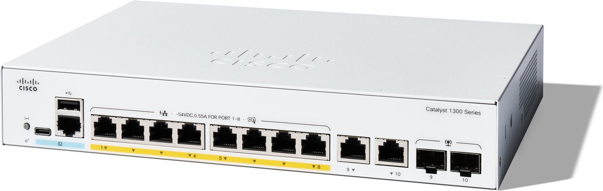 Cisco Catalyst 1300 - Netwerkswitch - Managed - Power over Ethernet (PoE) - 8 Poorten - Grijs