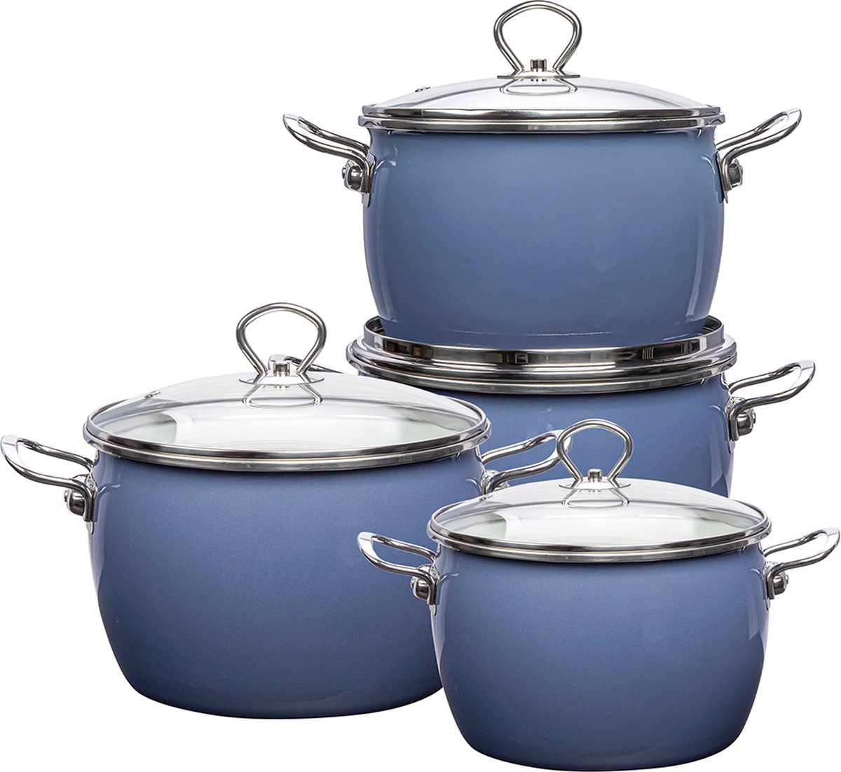 Altom Design Balbina 8 delige Emaille Pannenset blauw - Geëmailleerde Handgemaakte Kookset - Blauwe Vintage Kookpannenset