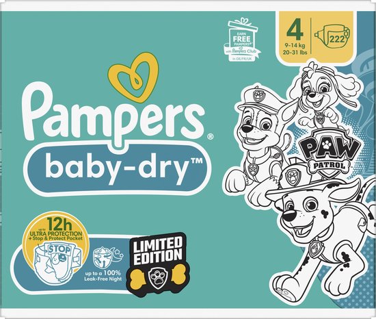 Pampers Baby-Dry - Paw Patrol-editie - Maat 4 (9kg-14kg) - 222 Luiers - Maandbox - Pampers