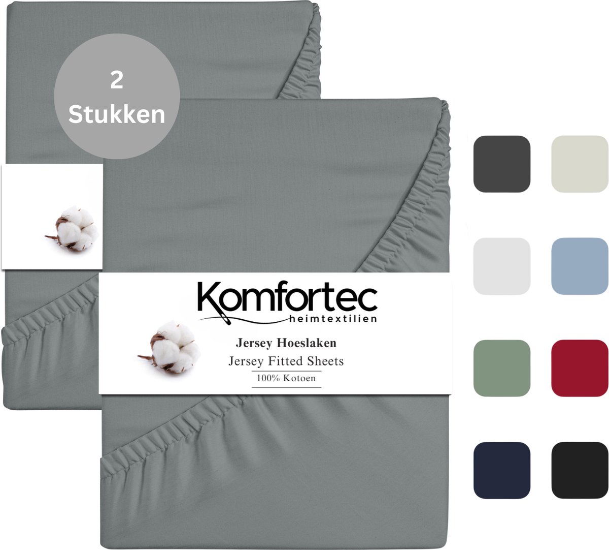 Komfortec Jersey Stretch 2x Hoeslaken 90x200 cm - Dubbelpak- 30cm Matrasdikte- Rondom Elastiek - 100% Katoen - Grijs