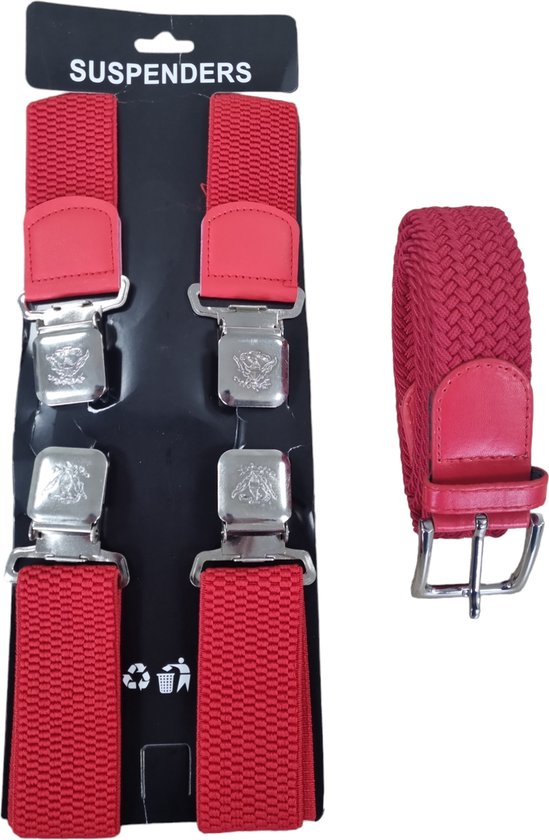 Rode bretels met 4 stalen clips plus Rood Elastische Comfort Stretch Riem 115 cm